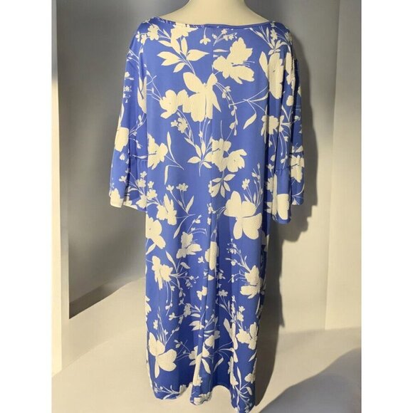 Ruby Rd Womens 2X Blue White Floral Dress Keyhole Neck Quarter Peplum Sleeves - Picture 8 of 9